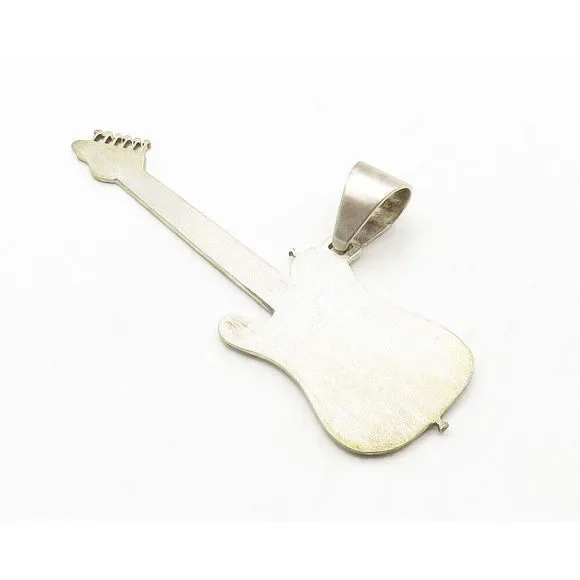 925 Sterling Silver Vintage Shiny Etched Electric Guitar Pendant PT10336